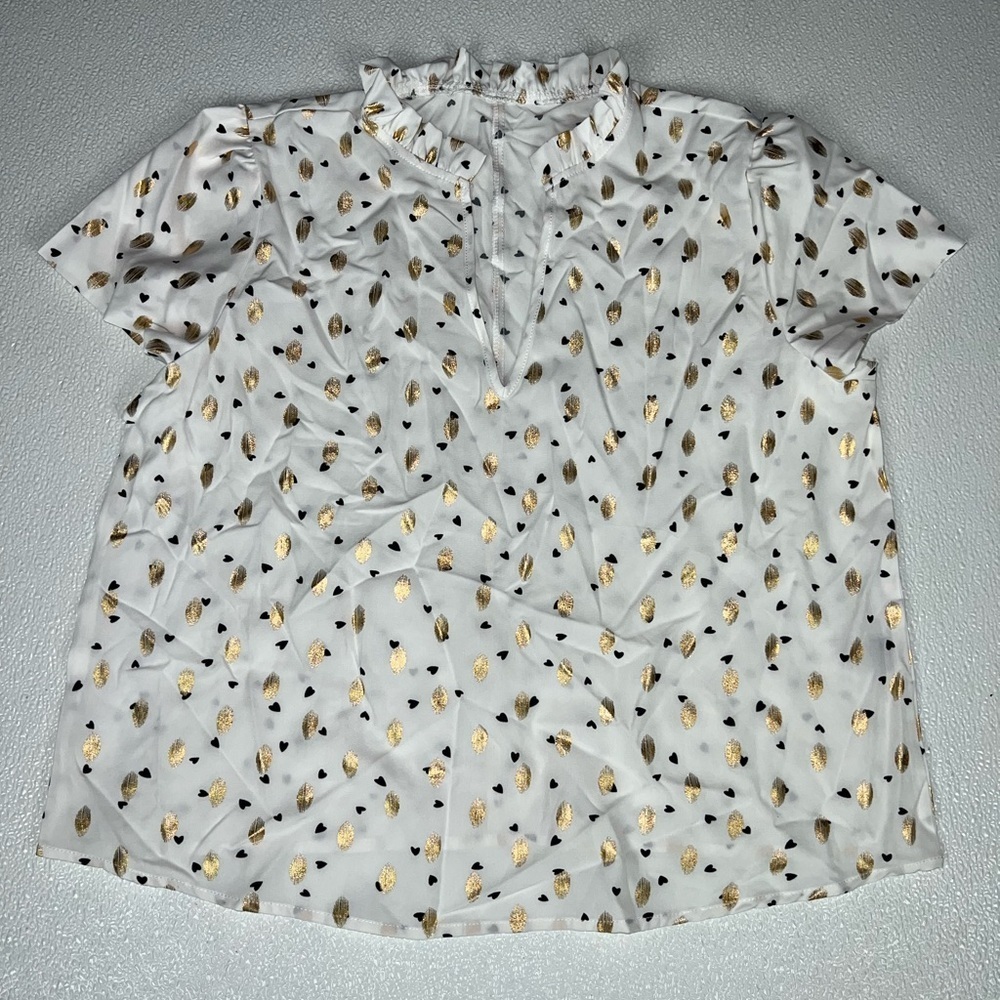 Shein Heart Print V Neck Short Sleeve Top White Size 8/10 NWOT - Picture 3 of 9